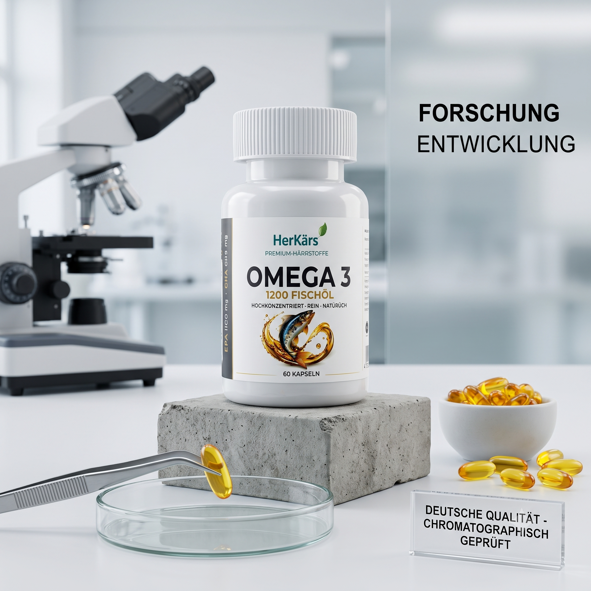 Frasco de OMEGA 3 FISH OIL 1200 de HerKärs, presentación de 60 cápsulas blandas