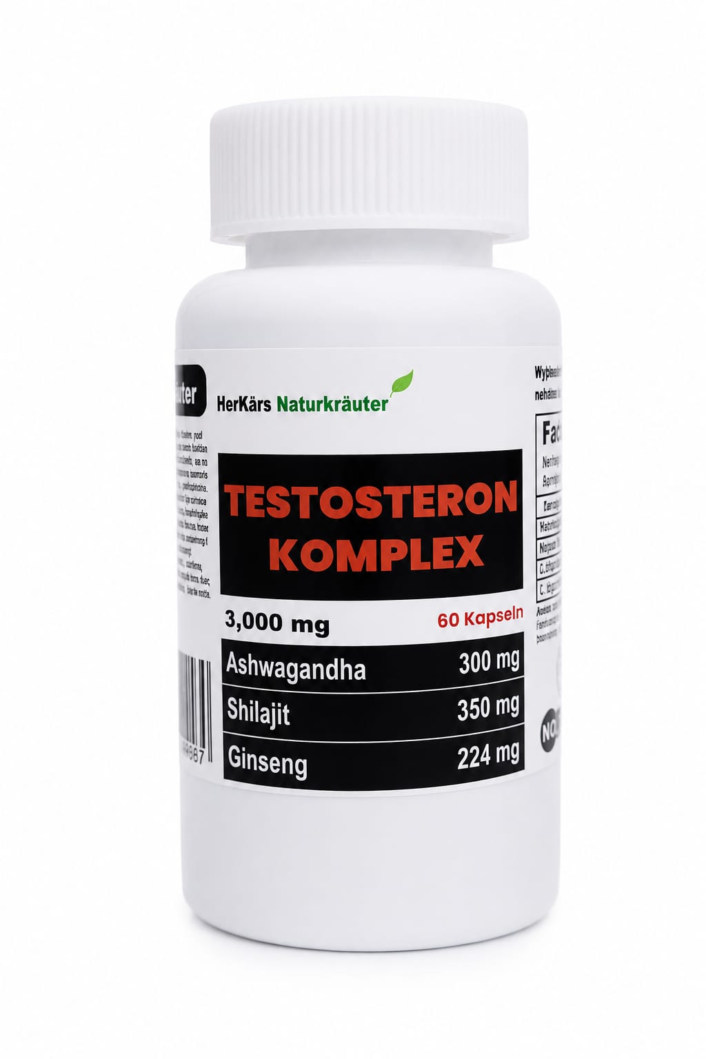 Frasco de TESTOSTERON KOMPLEX de HerKärs, presentación de 60 cápsulas